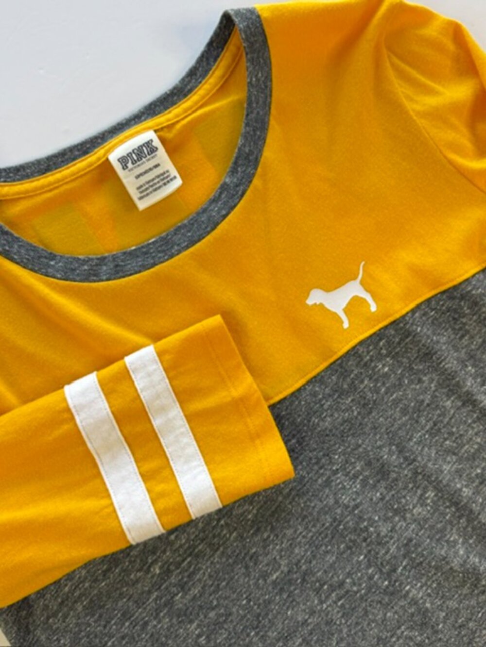 Victoria's Secret PINK Colorblock Long Sleeve Sport Shirt Small Gray Yellow